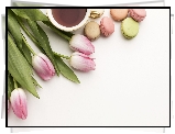 Kwiaty, Tulipany, Filiżanka, Kawa, Ciasteczka, Makaroniki, Białe, Tło