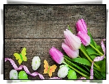 Tulipany Motyle, Pisanki, Wstążka, Wielkanoc, Deski