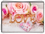 Walentynki, Serduszko, Róże, Napis, Love