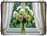 Bukiet, Białe, Kwiaty, Wazon, Okno, Firanki