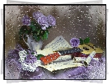 Kompozycja, Wazon, Bukiet, Róże, Gitara, Nuty, Krople