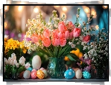 Bukiet kwiatów, Tulipany, Wazon, Pisanki, Wielkanoc