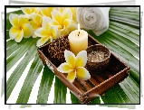SPA, Świeca, Sól, Kwiaty, Plumeria, Liść, Taca, Ręcznik