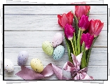 Wielkanoc, Kolorowe, Pisanki, Kwiaty, Różowe, Tulipany, Kokarda, Białe, Deski