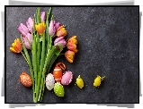 Wielkanoc, Kolorowe, Tulipany, Pisanki, Szare Tło