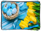 Żółte, Tulipany, Wstążka, Pisanki, Gniazdo, Niebieskie, Deski, Wielkanoc