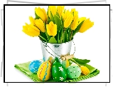 Wielkanoc, Pisanki, Tulipany, Wiaderko