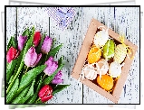 Wielkanoc, Pisanki, Pudełko, Prezent, Tulipany, Deski