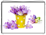 Wielkanoc, Kompozycja, Fioletowe, Krokusy, Wiaderko, Pisanki