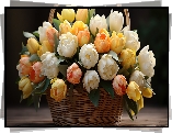 Kolorowe, Tulipany, Koszyk, Wiklinowy