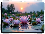 Kwiaty, Różowe, Lilie wodne, Woda, Słońce