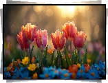 Czerwone, Tulipany, Kwiaty, Zachód słońca, Grafika