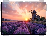 Lawenda, Pole, Wiatrak, Zachód słońca, Grafika AI