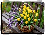 Wiklinowy, Koszyk, Kwiaty, Żółte, Tulipany, Lawenda, Ławka