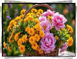 Kwiaty, Żółte, Różowe, Piwonie, Koszyk