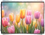 Różowe, Żółte, Tulipany, Kwiaty, Grafika